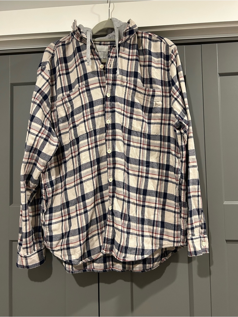 American eagle Plaid Button-Up Hooded Flannel Shirt - Navy & Cream